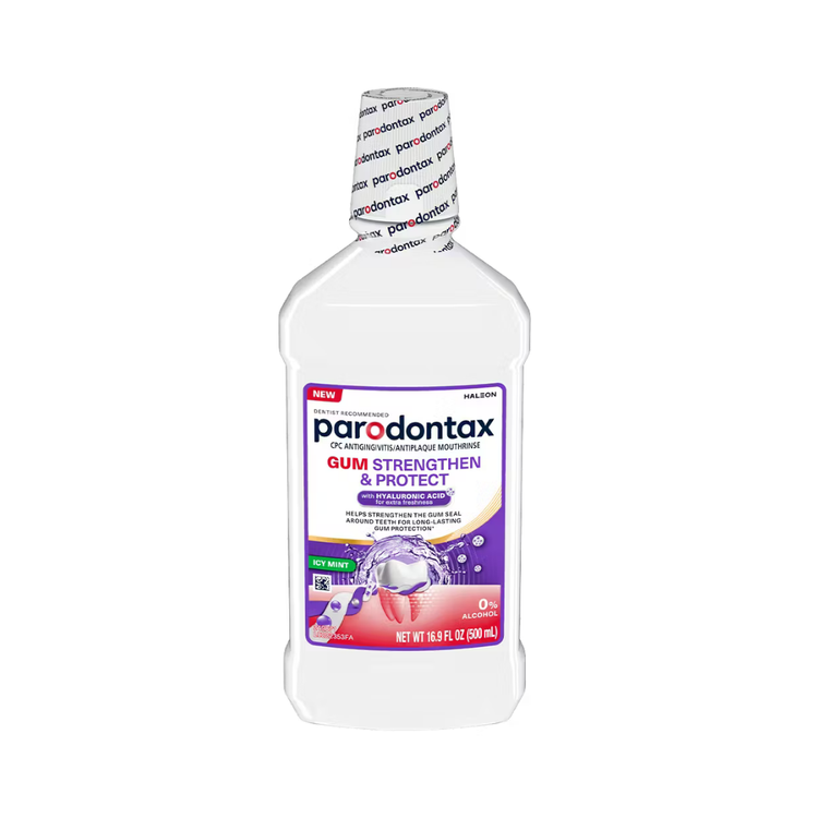 Parodontax Gum Strengthen & Protect Icy Mint mouthwash in a 16.9oz bottle, showing the label with icy mint flavor.