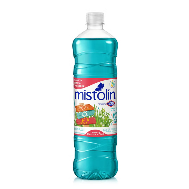 Farmacias Savia Mistolin multi-purpose cleaner with potpourri scent in a 28oz bottle, showing the cleaner and label.