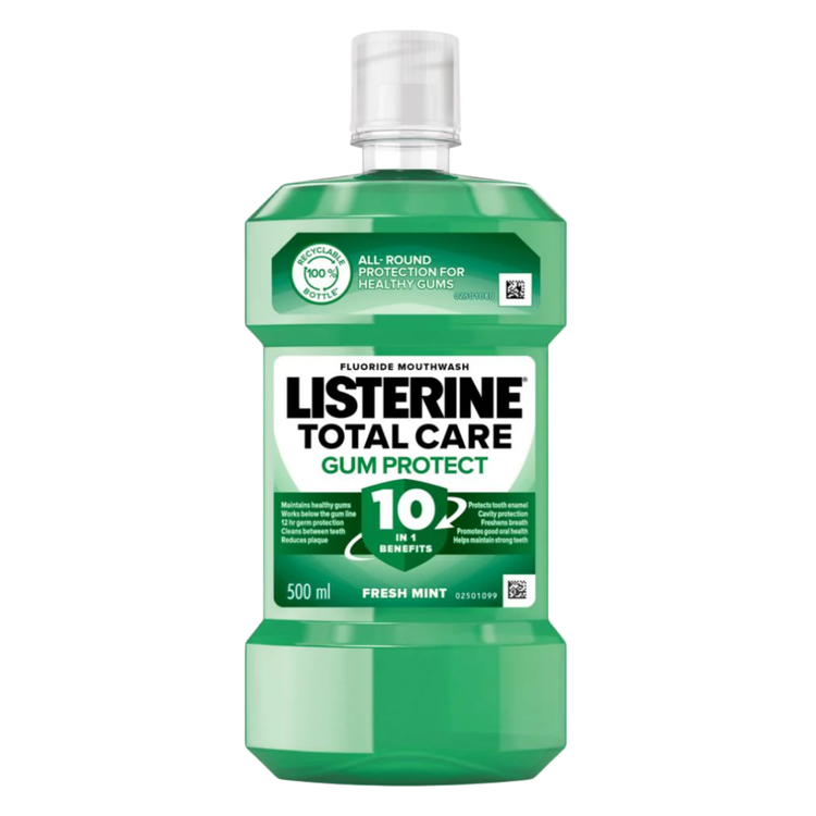 Listerine Gum Protection Mouthwash in 16.9oz bottle, featuring antibacterial formula for healthy gums and fresh breath.