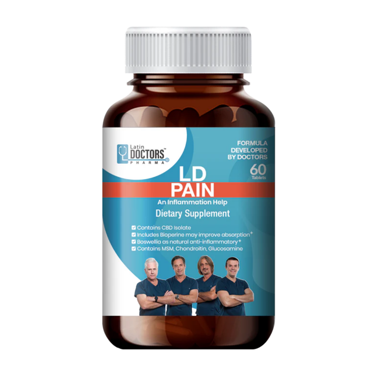 Latin Doctors Pain Relief Tablets by Farmacias Savia, 60 count bottle showing the packaging and tablets inside.