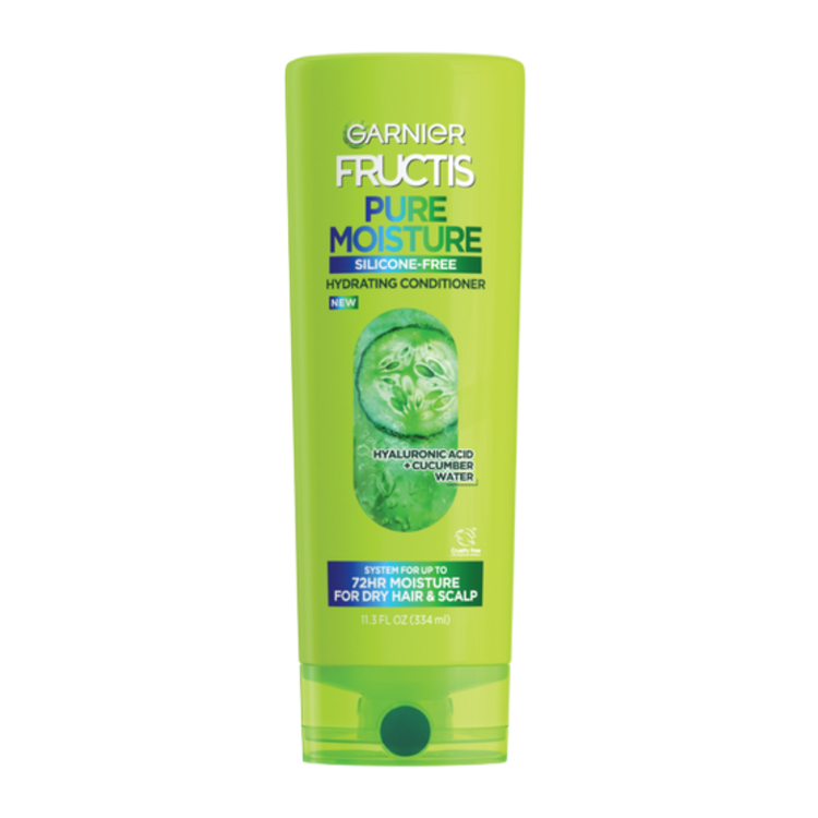 Garnier Fructis Pure Moisture Hydrating Conditioner bottle, 11.3oz, with green and white label and product details visible.