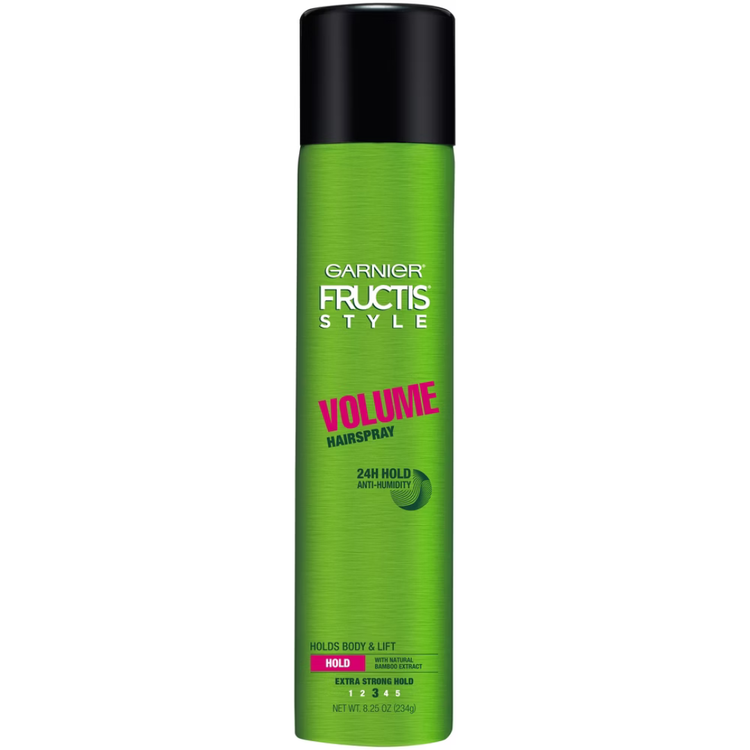 Garnier Fructis Style volume anti-humidity hairspray bottle, 8.25 oz, with a spray nozzle and vibrant label design.