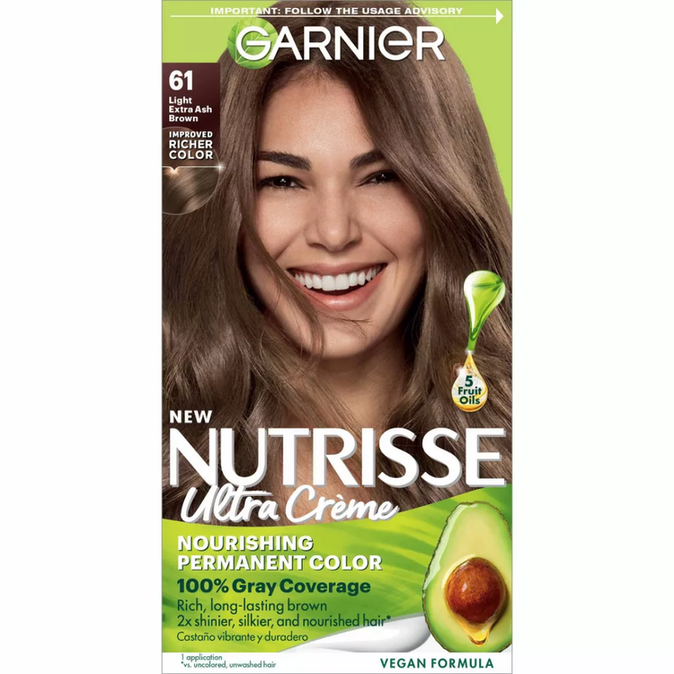 Garnier Nutrisse Ultra Crème 61 Light Extra Ash Brown hair color kit with box showing shade and brand logo.