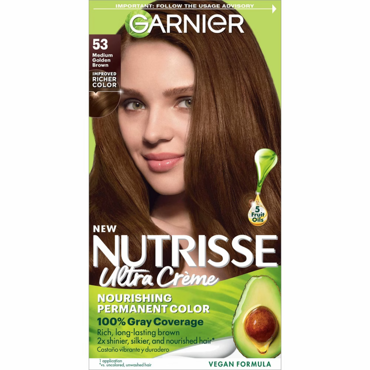 Garnier Nutrisse Ultra Crème 53 Medium Golden Brown hair color kit with cream bottle and gloves, ideal for natural-looking brunette shades