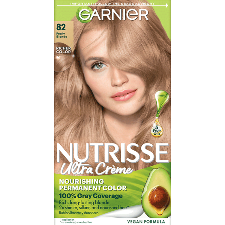 Garnier Nutrisse Ultra Crème 82 Pearly Blonde hair color kit with shade swatch and product packaging.