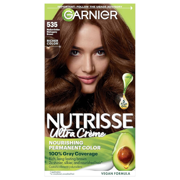 Garnier Nutrisse Ultra Crème 535 Medium Golden Mahogany Brown hair color kit showing box and product details