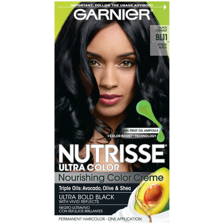 Garnier Nutrisse Ultra Color Jet Blue Black hair dye bottle with black and blue packaging for vibrant hair coloring.
