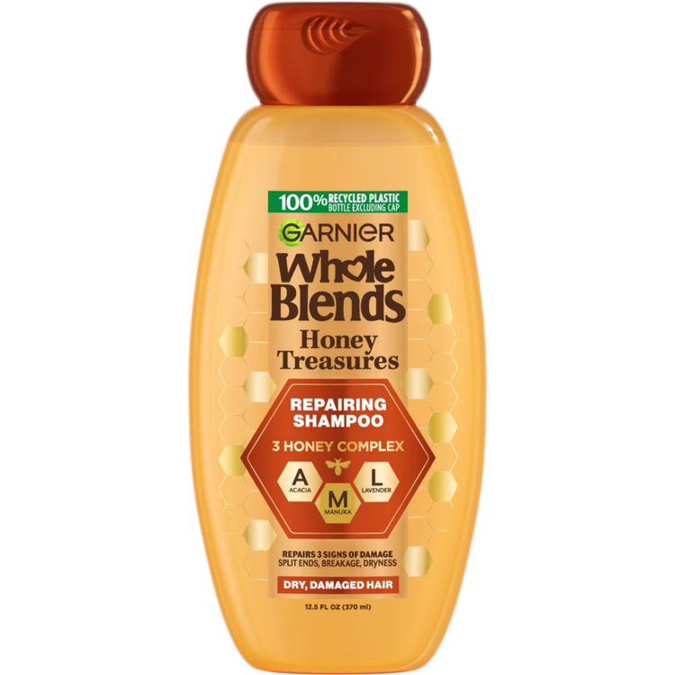 Garnier Whole Blends Repairing Shampoo Honey Treasures 12.5oz bottle with honey and natural ingredients for damaged hair
