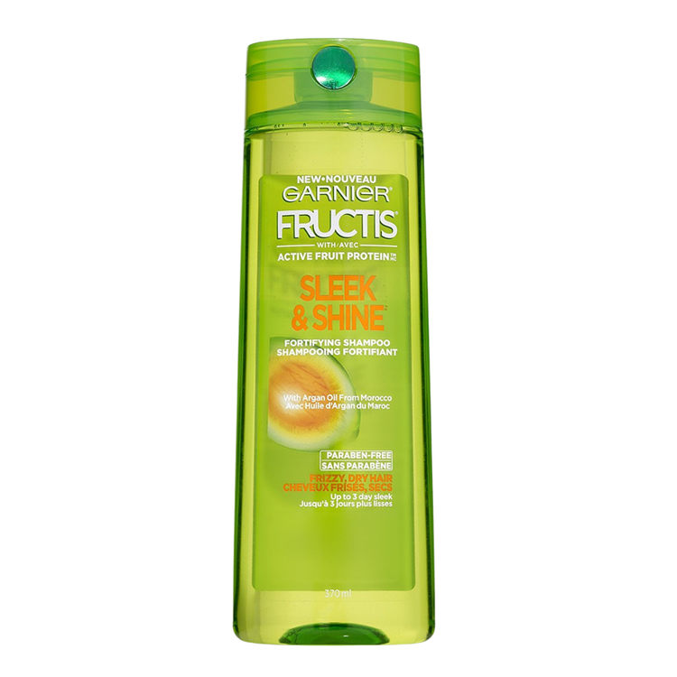 Garnier Fructis Sleek & Shine Fortifying Shampoo bottle, 12.5oz, with sleek black and green packaging and product label.