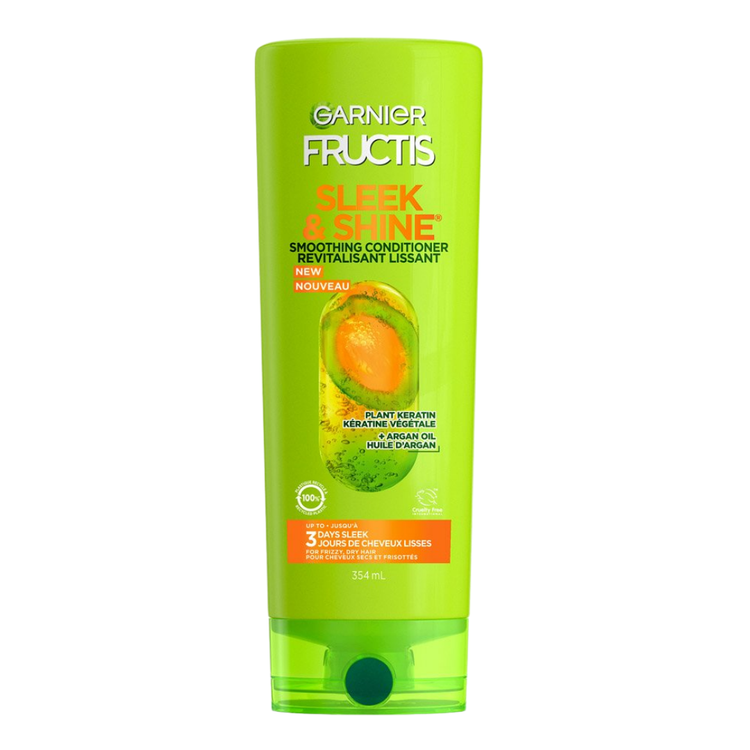 Garnier Fructis Sleek & Shine Smoothing Conditioner 12oz bottle with green and white label and pump dispenser.