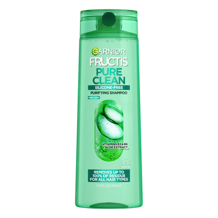 Garnier Fructis Pure Clean Purifying Shampoo bottle with clear label, 12.5oz size, featuring green and white packaging.