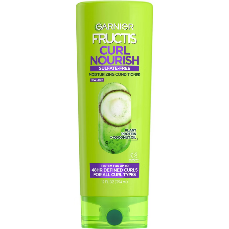 Garnier Fructis Curl Nourish moisturizing conditioner in 12.5 oz bottle, with curly hair on the label, for nourishing curls.