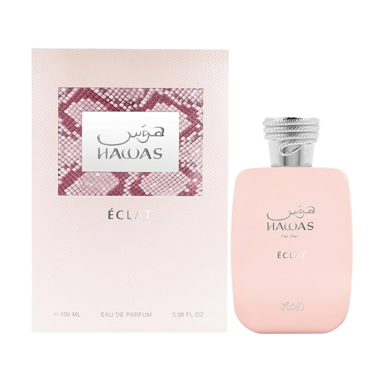 Rasasi Hawas Éclat Eau de Parfum women’s perfume bottle with floral and fruity accents, 3.3oz, elegant design.