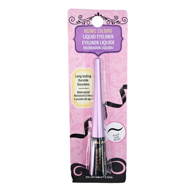 Farmacias Savia Kozmic Colours liquid eyeliner in black, waterproof formula, displayed in a 0.12 fl oz bottle with applicator brush