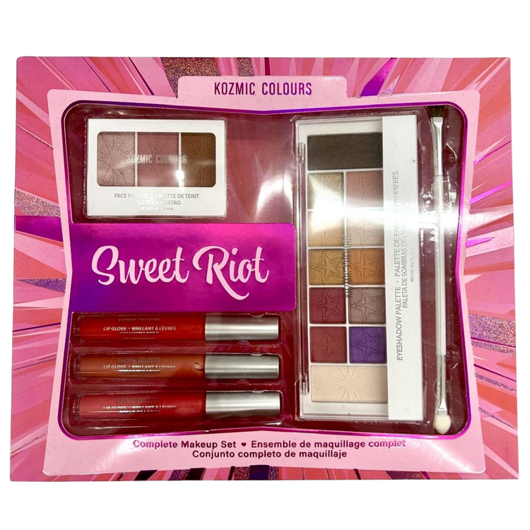 Farmacias Savia Kozmic Colours Sweet Riot 7-piece makeup set with colorful eyeshadows, blush, and brushes arranged on a white background.
