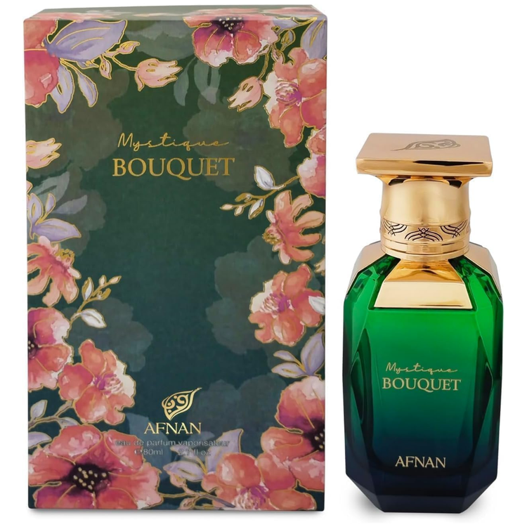 A 2.8oz bottle of Afnan Mystique Bouquet unisex perfume with floral and fruity notes, displayed with elegant packaging.