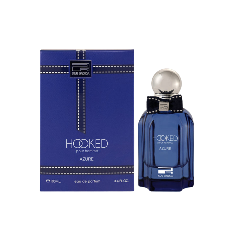 AFNAN Rue Broca Hooked Azure Eau de Parfum for Men and Women, 3.4oz, featuring sleek blue bottle and elegant label design.