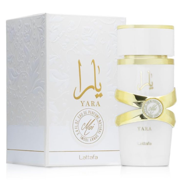 Lattafa Yara Moi Eau de Parfum for women, 3.4oz bottle with elegant floral design and gold accents.