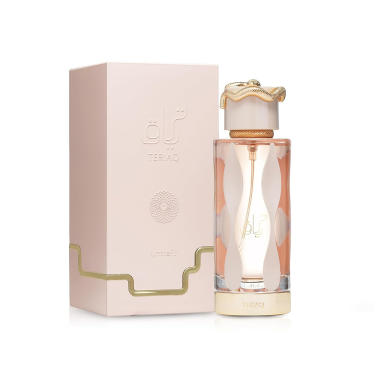 Lattafa Teriaq Eau de Parfum unisex bottle, Arab and oriental perfume, 3.4 fl oz, with elegant packaging and design.