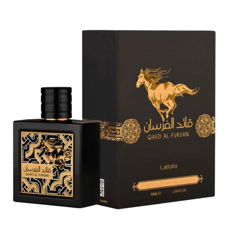 Lattafa Qaed Al Fursan unisex Eau de Parfum bottle, 3.4oz, with elegant packaging and distinctive branding.