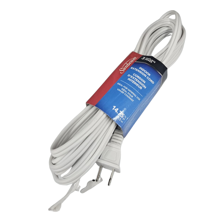 White Sunbeam indoor extension cord with 3 outlets, 14.75 ft long, featuring a durable design for household use