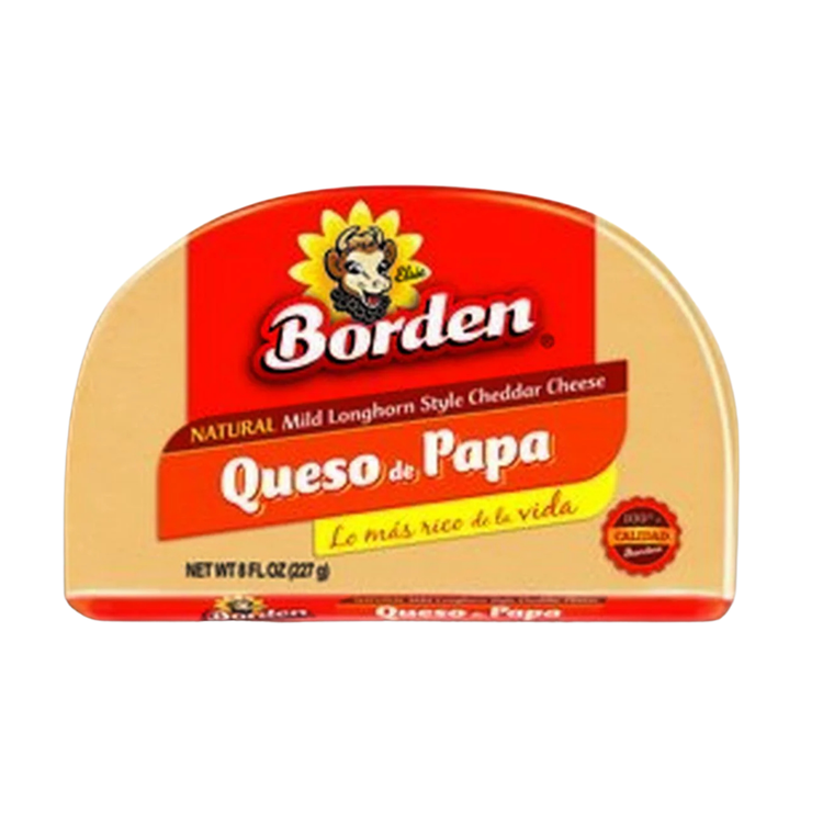 Borden Natural Mild Longhorn Style Cheddar Cheese 8oz, creamy and authentic, sliced and ready for snacking or cooking.