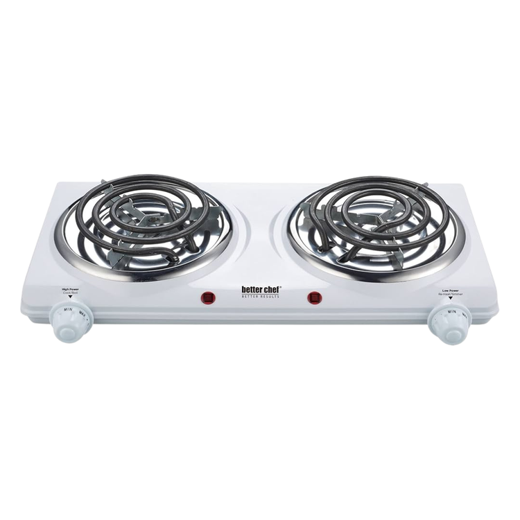 Better Chef dual electric burner IM-302DB with two heating elements, black and silver finish, compact countertop design.