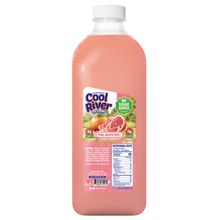 Cool River Pink Grapefruit Drink in a 52oz bottle, featuring a pink grapefruit flavor and Farmacias Savia branding.