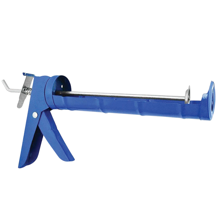 Heavy duty skeleton caulking gun for silicone sealants, 10oz, Farmacias Savia, with metal frame and ergonomic handle visible in the image.