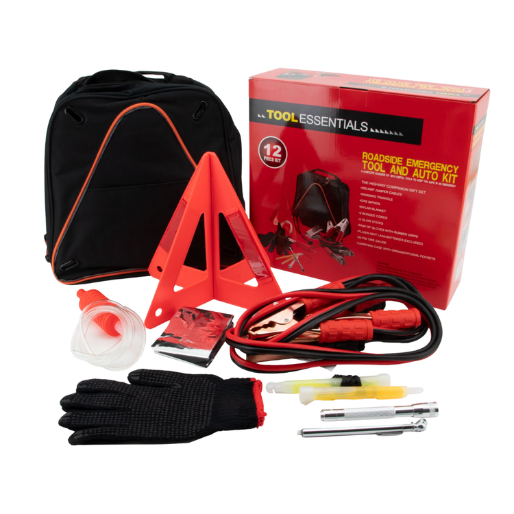Farmacias Savia Tool Essentials 12-Piece roadside emergency auto tool kit with various hand tools and safety accessories.