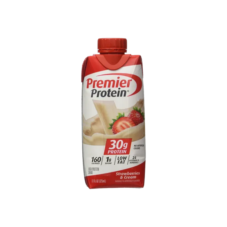 Premier Protein Shake Strawberry 11oz bottle from Farmacias Savia, showing the pink strawberry-flavored protein drink.