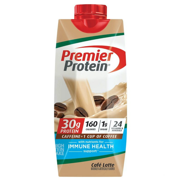 Premier Protein Shake Café Latte 11oz bottle from Farmacias Savia, showcasing the creamy Café Latte flavor and product label.