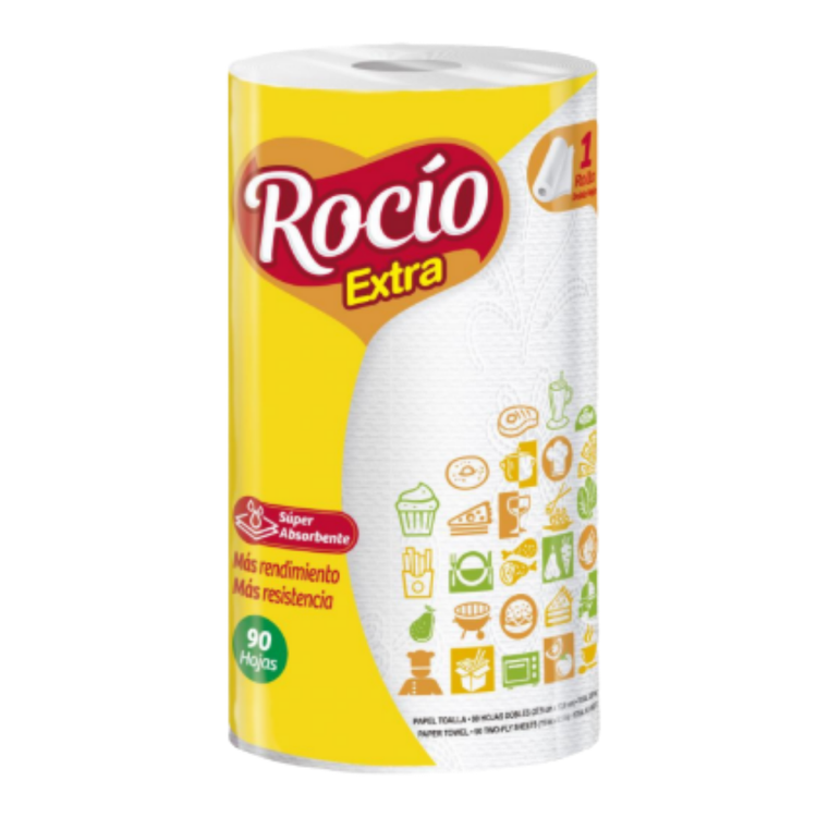 Rocío Extra toilet paper single roll from Farmacias Savia, soft white paper with embossed texture, suitable for bathroom use.