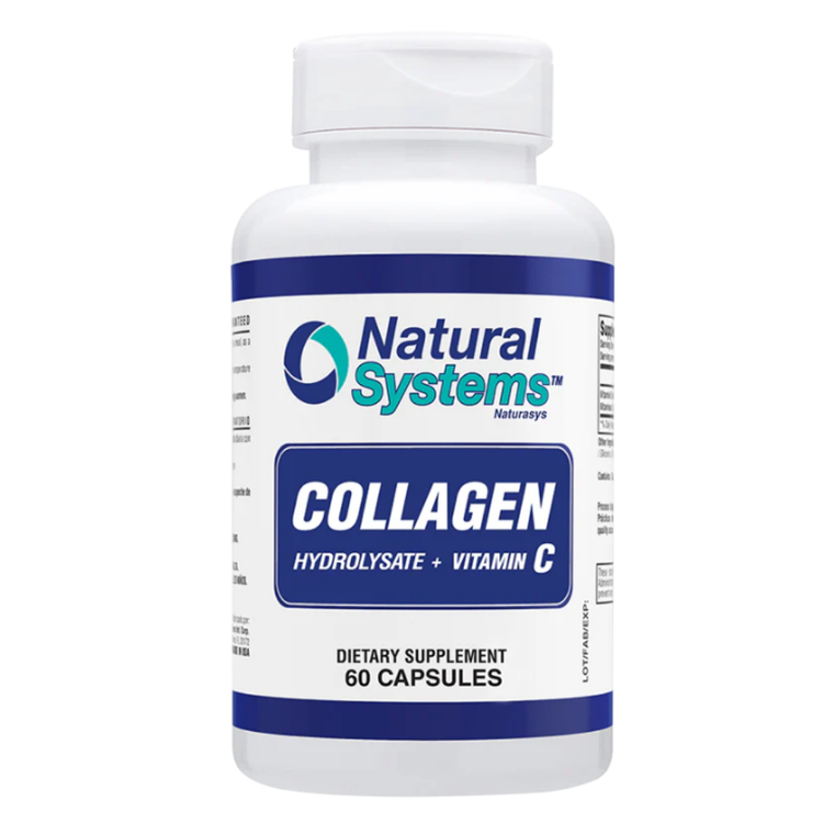 Natural Systems Collagen with Vitamin C supplement bottles, showing 60 capsules in a natural health product image.