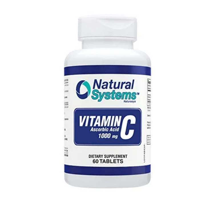 Natural Systems Vitamin C Ascorbic Acid 1000 mg supplement, 60 tablets, from Farmacias Savia in a blister pack.