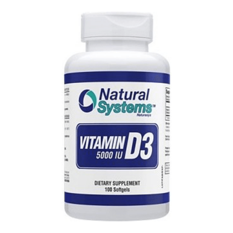 Natural Systems Vitamin D3 supplement bottle with 100 softgels, 5000 IU, from Farmacias Savia.