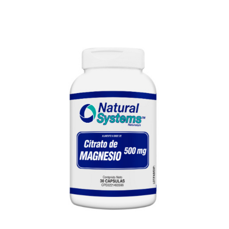 Bottle of Natural Systems Magnesium Citrate 500 mg dietary supplement capsules, showing the label and container.