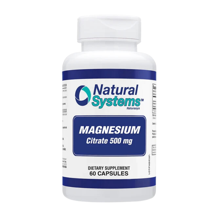 Natural Systems Magnesium Citrate 500mg capsules, dietary supplement in a clear bottle with white cap, labeled with product details.