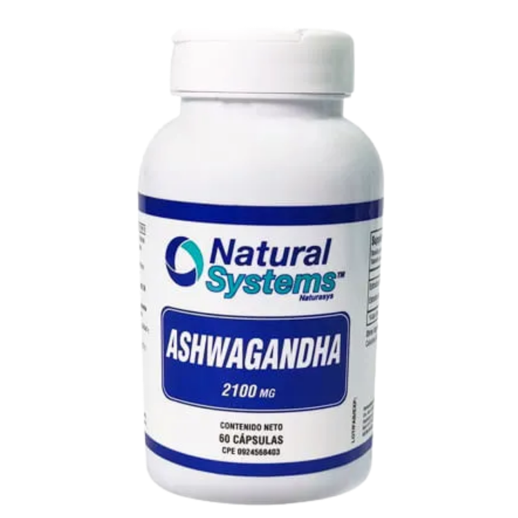 Natural Systems Ashwagandha 60 capsules bottle showing the label and capsules inside, dietary supplement for wellness.