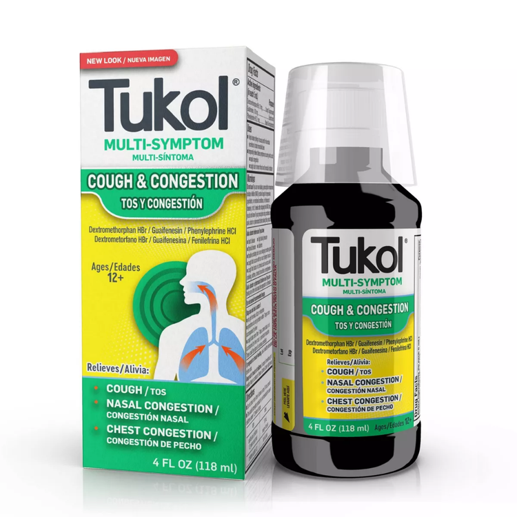 Farmacias Savia Tukol Extra Strength Multi Symptom Cough and Congestion Relief liquid in a 4 oz bottle with label details