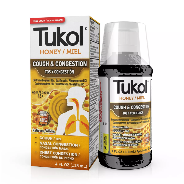 Tukol Multi Symptom Cold Relief Liquid with natural honey, 4 oz, anticatarrales syrup for soothing cold symptoms.