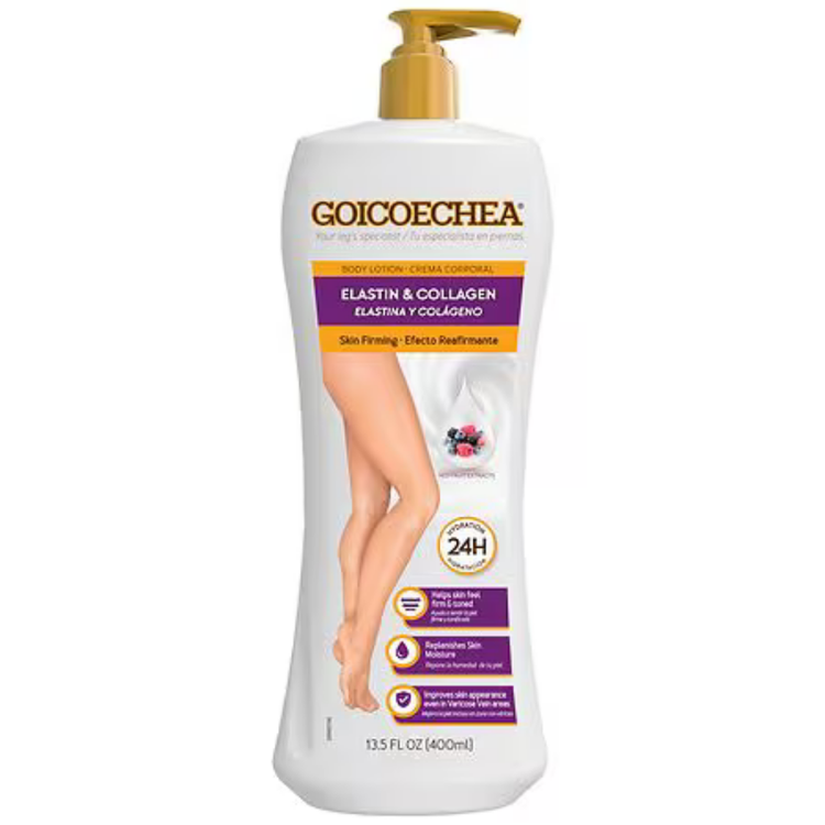 Goicoechea skin firming lotion with elastin, collagen, and Asian extracts, 13.5 oz, featuring a smooth, hydrating texture.