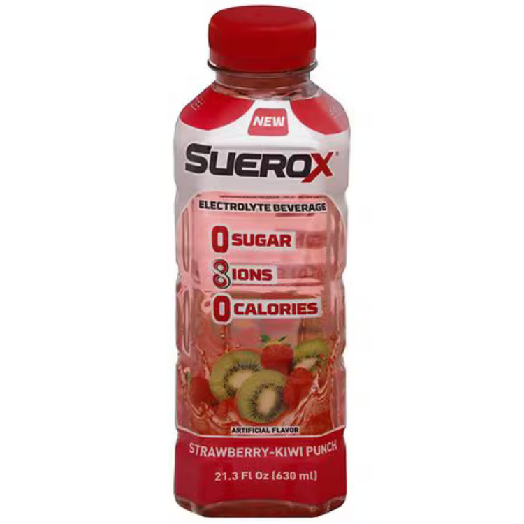 Suerox Zero Sugar Fruit Punch electrolyte beverage from La Comprita, 21.3oz bottle, with colorful fruit punch label and branding.