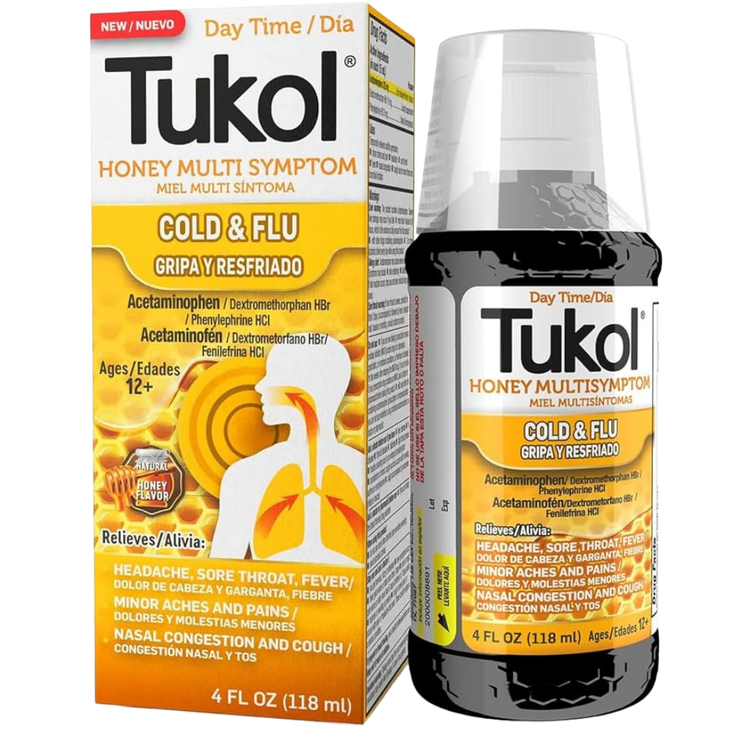 Farmacias Savia Tukol Honey Multi-Symptom Cold & Flu Relief Liquid 4oz bottle with honey flavor and medication label.