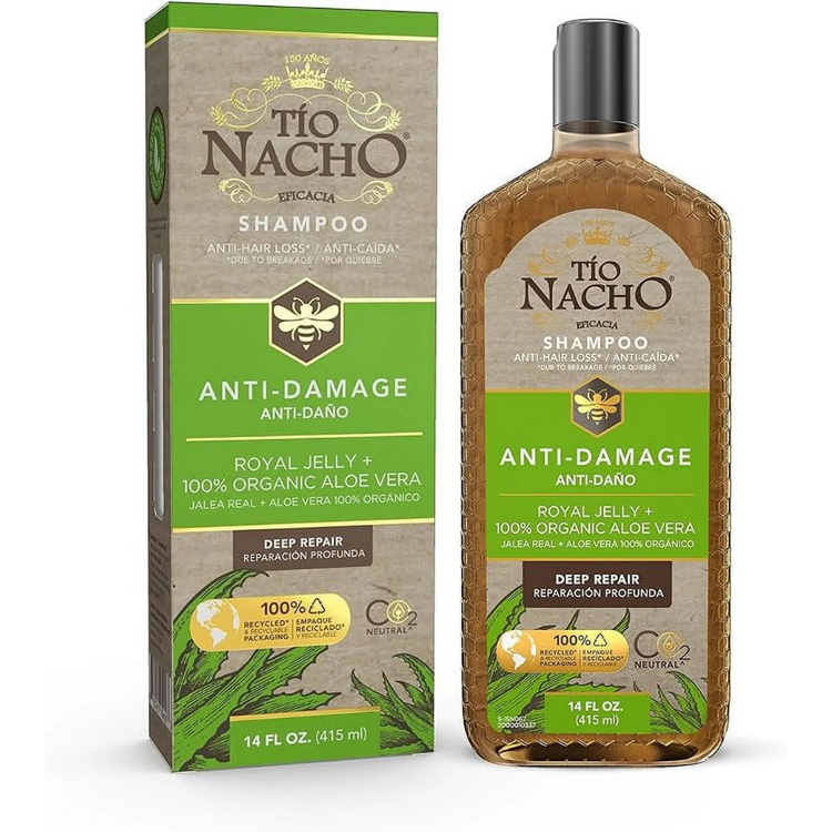 Farmacias Savia Tio Nacho Anti-Damage Shampoo with Royal Jelly and Aloe Vera, 14oz bottle, showing the shampoo container.