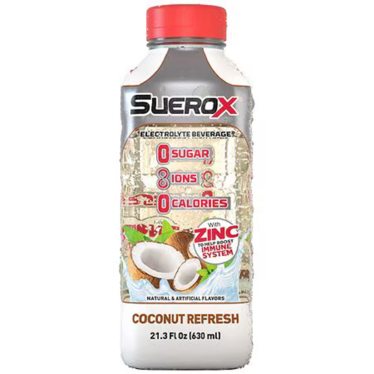 Suerox Zero Sugar Coconut Refresh electrolyte beverage in a 21.3oz bottle, produced by La Comprita.