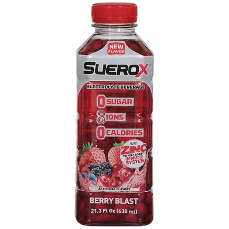 Suerox Zero Sugar Berry Blast electrolyte beverage in a 21.3oz bottle, featuring a colorful label with berries and hydration graphics.
