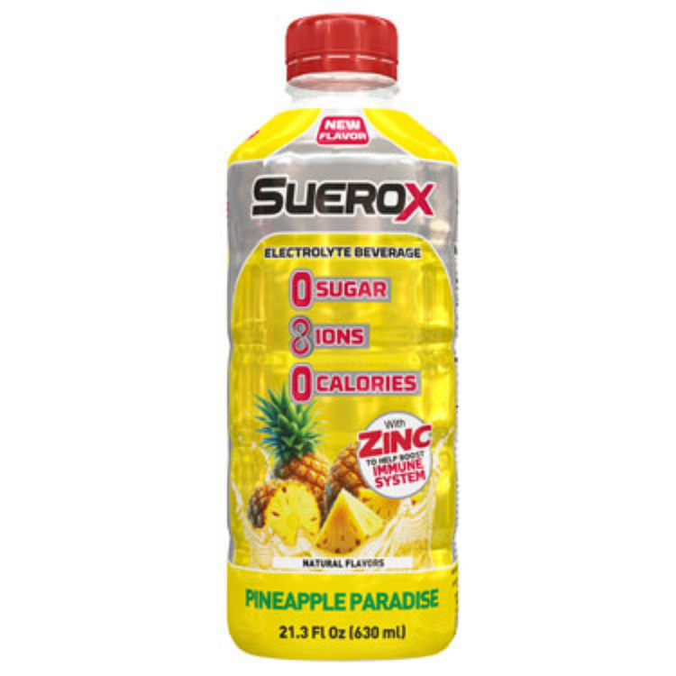 Suerox Zero Sugar Pineapple Electrolyte Beverage in 21.3oz bottle, La Comprita brand, with pineapple flavor and vibrant label.