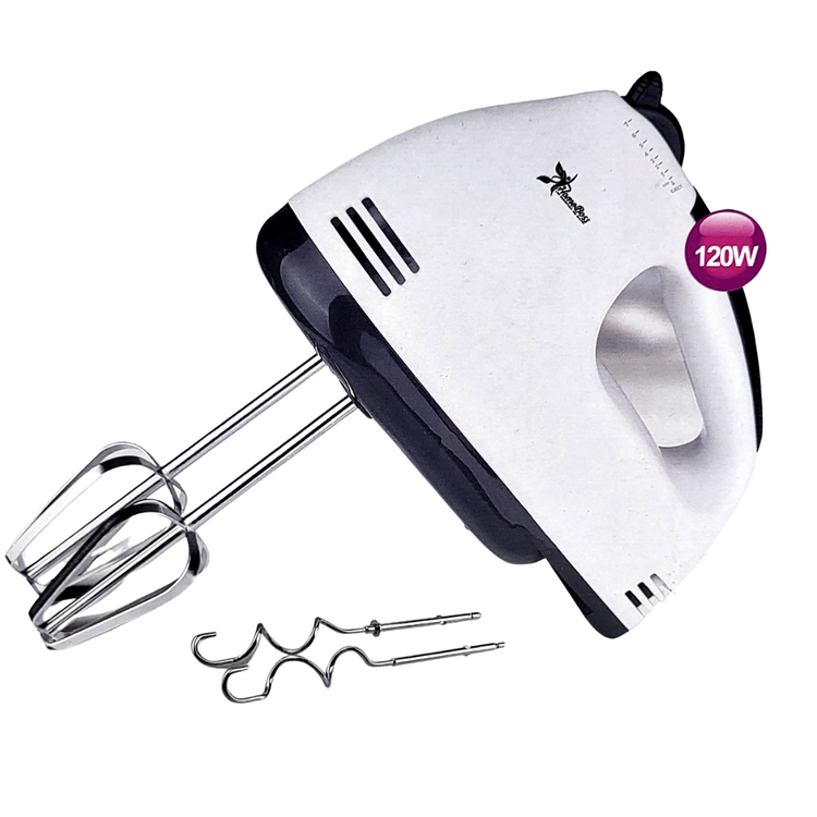 Farmacias Savia HomeBoss AAY-001 120W hand mixer with beaters, black and silver, suitable for baking and mixing tasks.