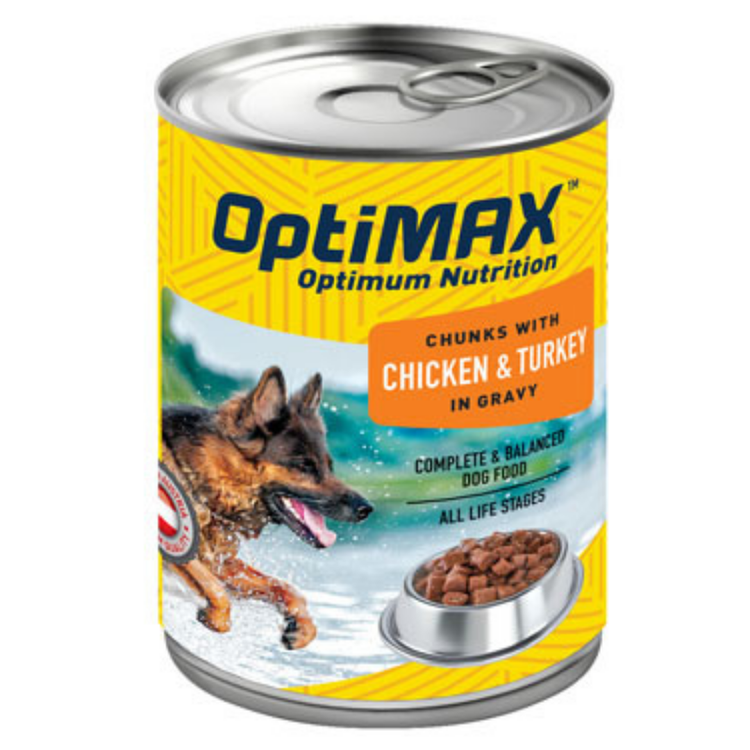 Optimax Chicken and Turkey Wet Dog Food in a 14.6oz can, featuring a colorful label with images of chicken and turkey for pets.